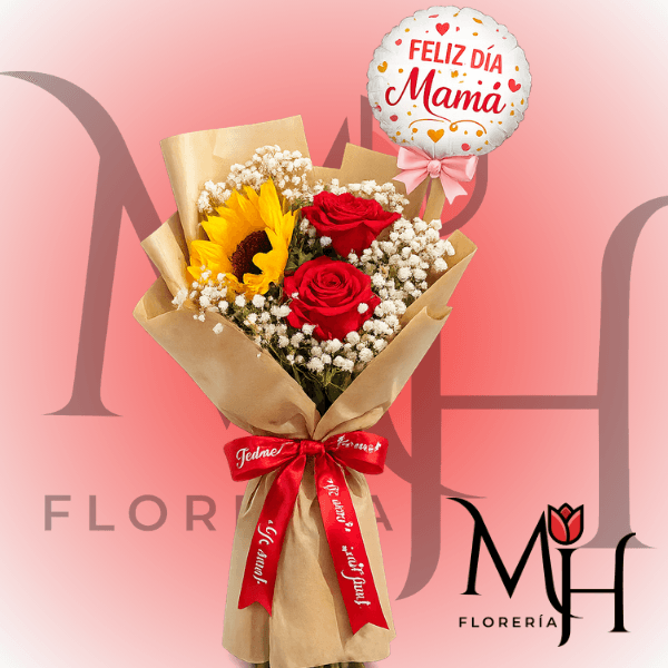 Ramo 1 girasol 1 rosa y globo feliz dia - Imagen 1