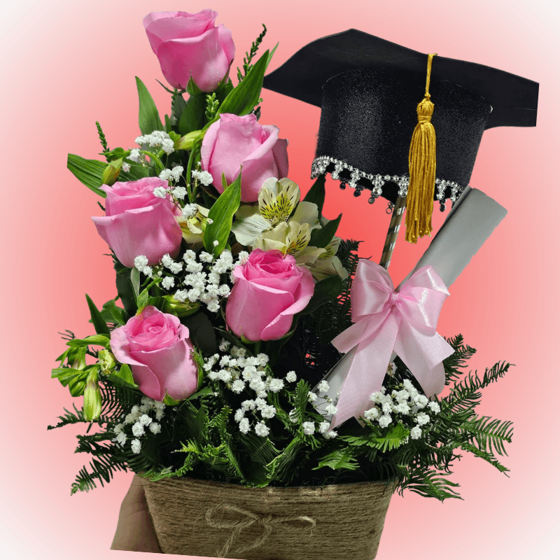 Arreglo 5 rosas de graduación birrete y diploma - Imagen 1
