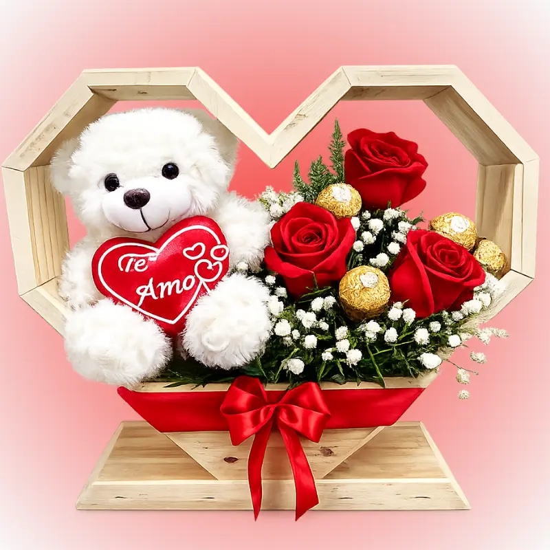 Base de corazon peluche 20cm 3 rosas 3 bombones