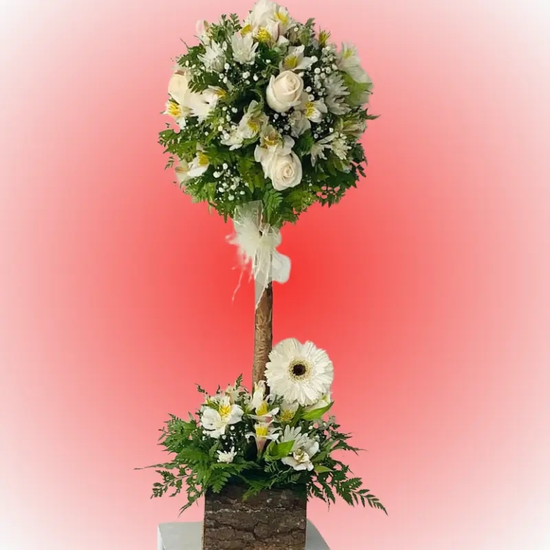 Arbolito de 6 rosas y 1 gerbera con follaje