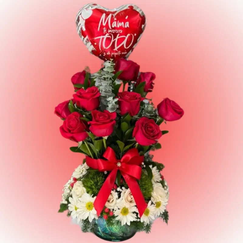 Pecera 12 rosas con margaritas y globo
