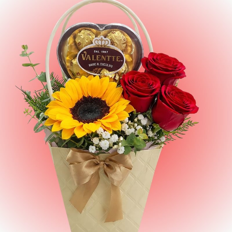 Cartera de 3 rosas 1 girasol y chocolate 3 unidades - Imagen 1