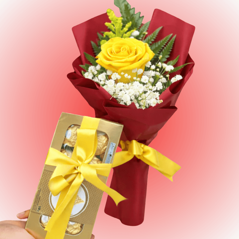 Arreglo 1 rosa y ferreros Rocher 100g - Imagen 1
