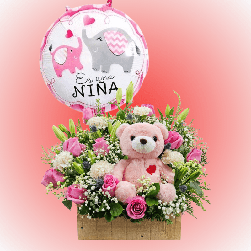 Base de nacimiento 10 rosas 10 lilium oso 25cm y globo - Imagen 1