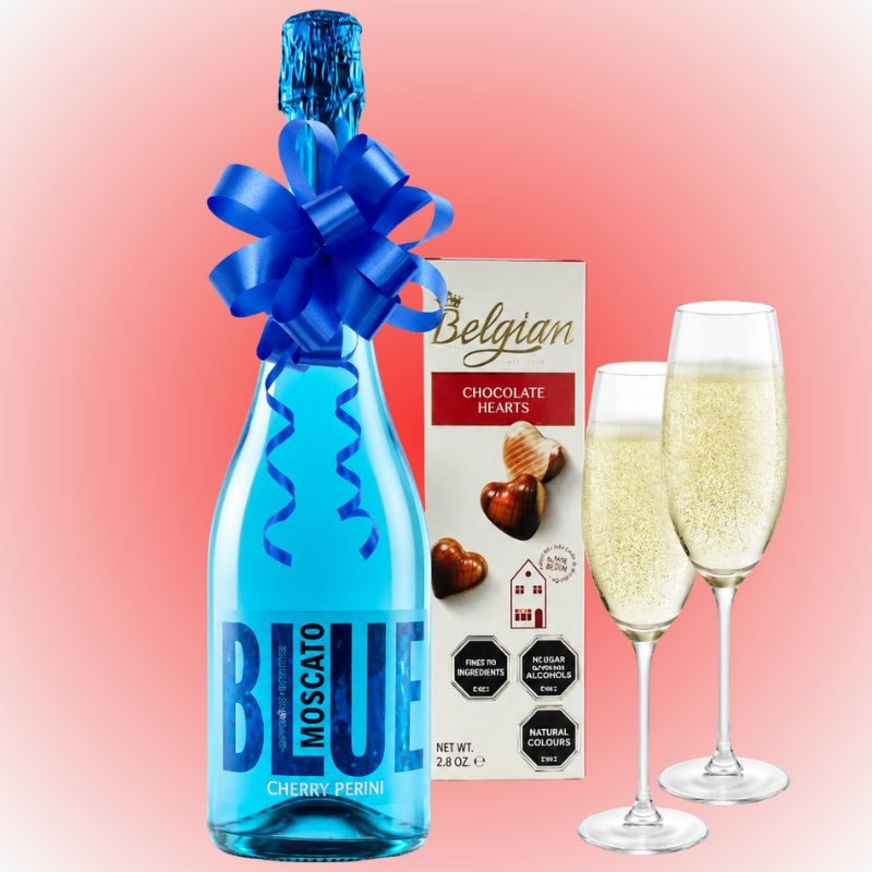 Botella blue 750ml 2 copas 1 bombones belgian - Imagen 1
