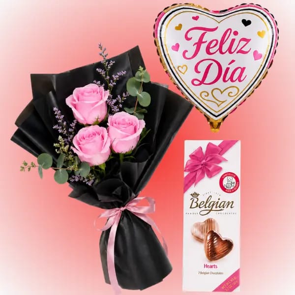 Ramo de 3 Rosas, 1 Belgian y Globito