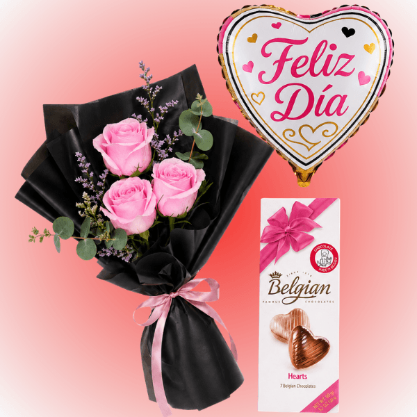 Ramo de 3 Rosas, 1 Belgian y Globito - Imagen 1