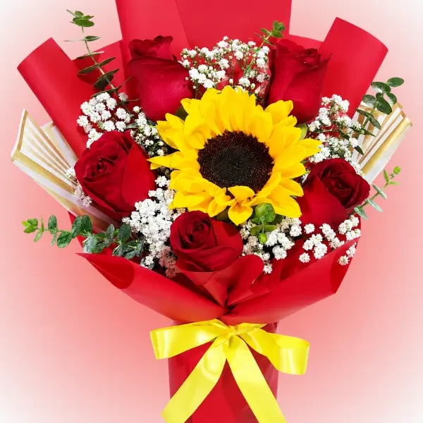 Ramo 5 rosas 1 girasol