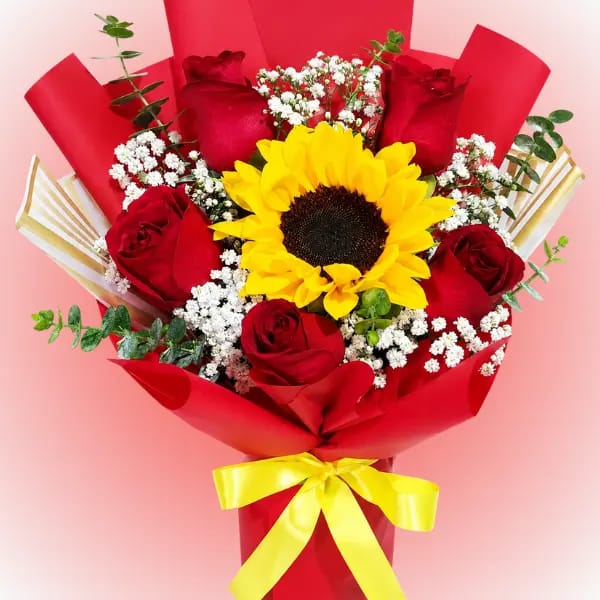 Ramo 5 rosas 1 girasol