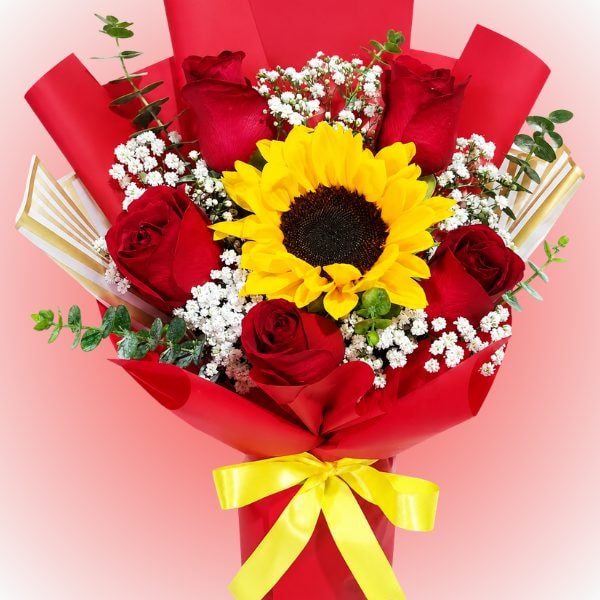Ramo 5 rosas 1 girasol - Imagen 1