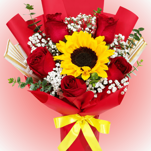 Ramo 5 rosas 1 girasol - Imagen 1