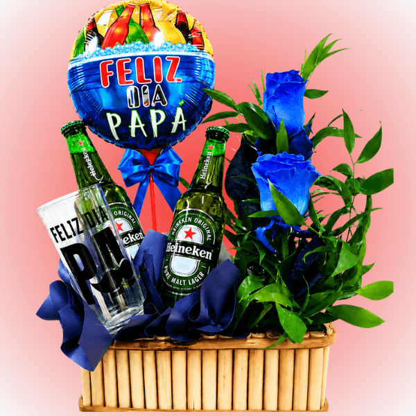 Base con 2 cervezas 2 rosas azules vaso y globo - Imagen 1