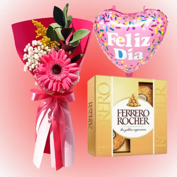 Ramo 1 gerbera ferrero 4 unidades y globito