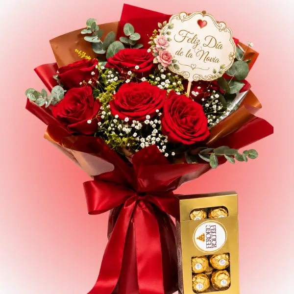 Ramo de 6 rosas, bombones ferreros rocher 100grs y Topper