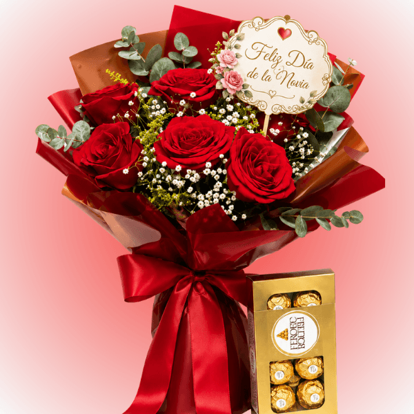 Ramo de 6 rosas, bombones ferreros rocher 100grs y Topper - Imagen 1
