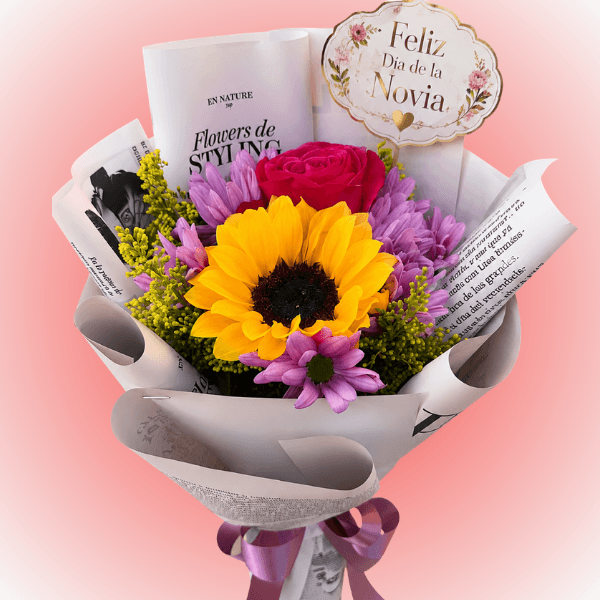 Ramo Amor amor: 1 Rosa, 1 girasol y topper dia de la novi - Imagen 1