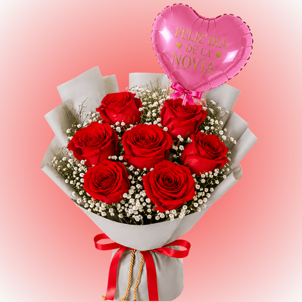 Ramo 7 rosas, linda envoltura y globo día de la novia - Imagen 1