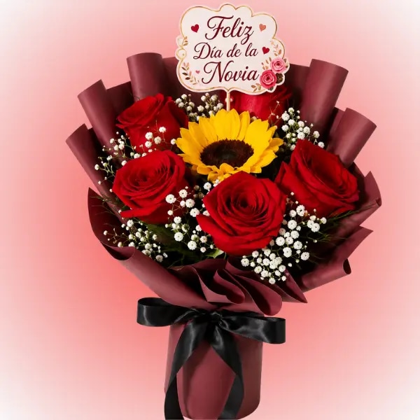 Ramo 5 rosas, 1 girasol y topper dia de la novia