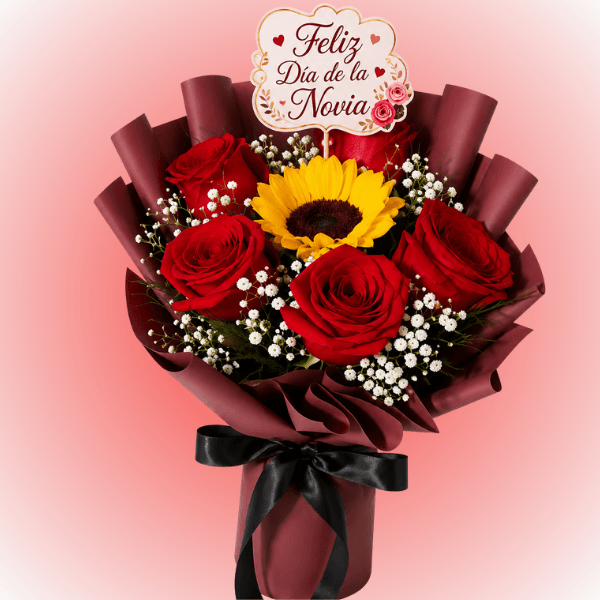 Ramo 5 rosas, 1 girasol y topper dia de la novia - Imagen 1