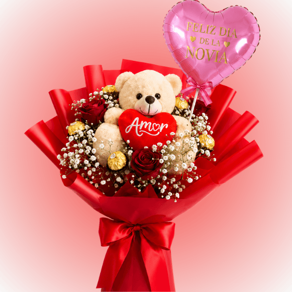 Feliz dia de la novia 3 rosas 4 bombones peluche 20cm globo - Imagen 1