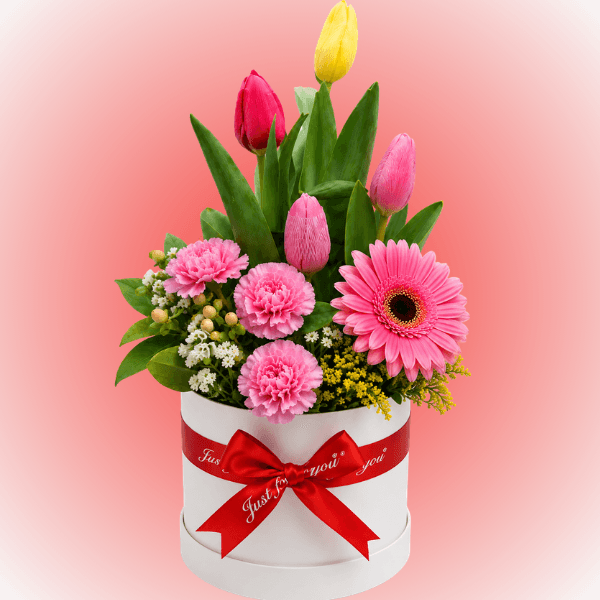 Box de 4 tulipanes, 3 claveles y 1 gerbera - Imagen 1