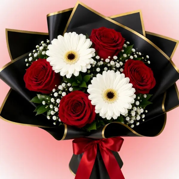Ramo Pasion con 4 rosas y 2 gerberas