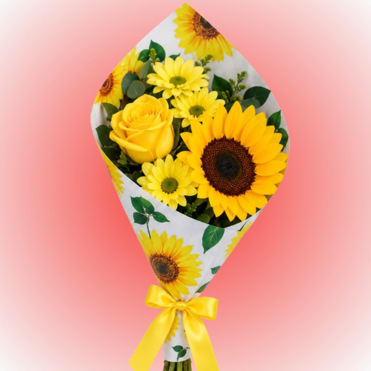 Ramo de 1 rosa 1 girasol y follaje primavera - Imagen 1