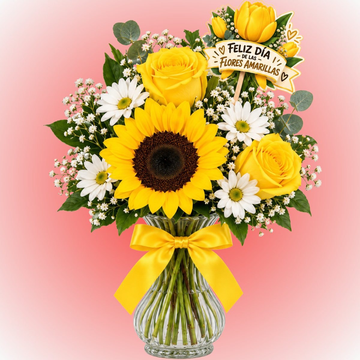 Florero 2 rosas 1 girasol 1 topper, especial para oficinas - Imagen 1