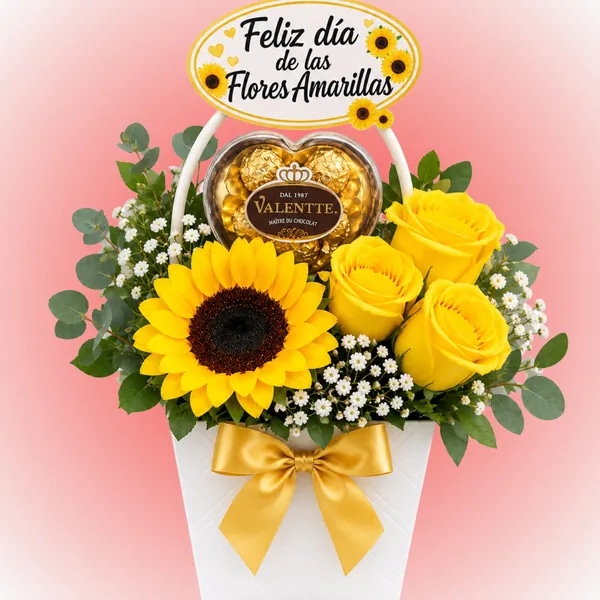 Cartera Jardín de 3 rosas girasol y bombones con topper