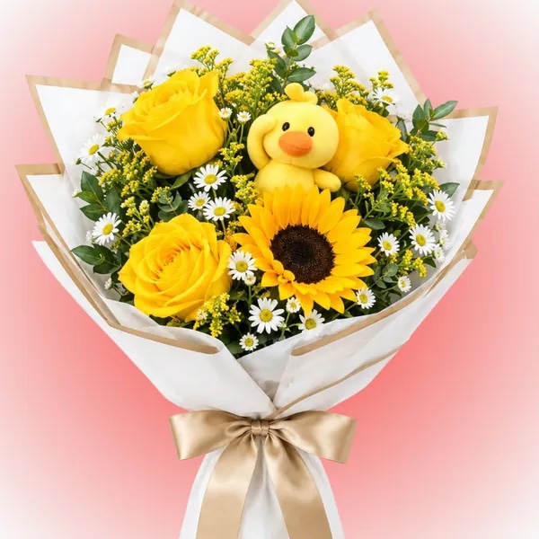 Ramo 3 rosas 1 girasol y peluchito 11cm