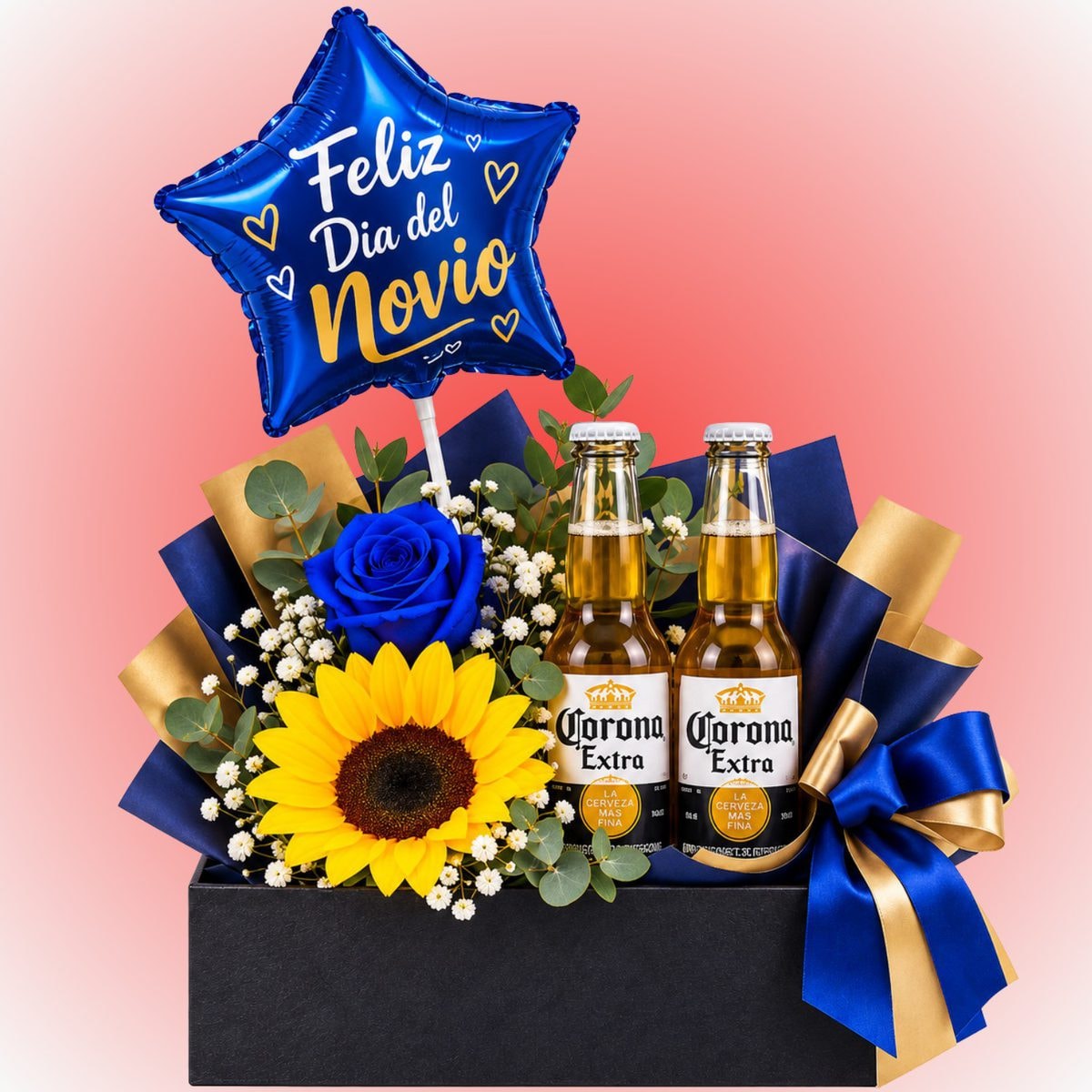 Imagen referencial generada con IA de Regalo para mi novio 1 girasol 1 rosa 2 cervezas y globo
