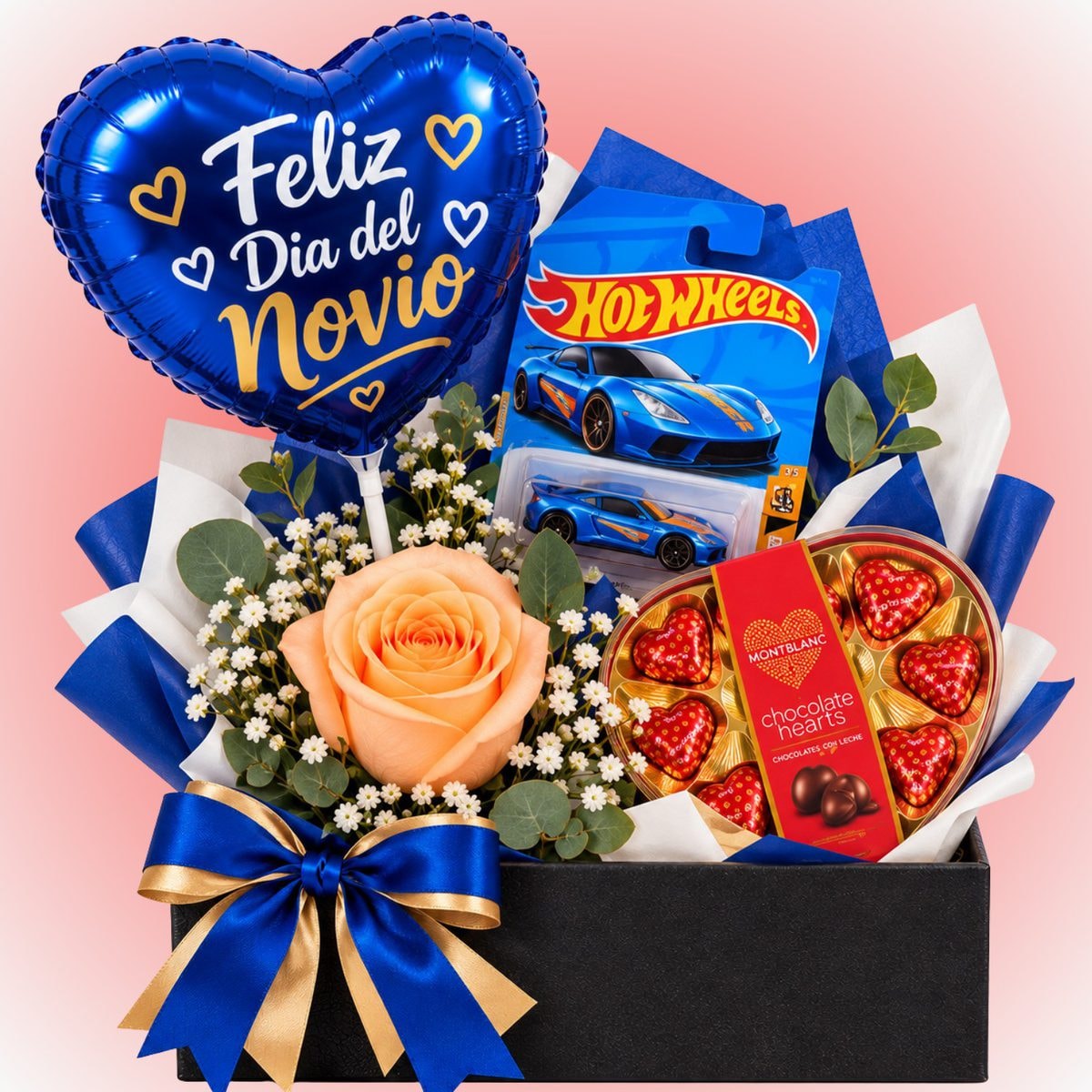 Imagen referencial generada con IA de Caja con 1 rosa 1 auto, bombones x12 y globo feliz día