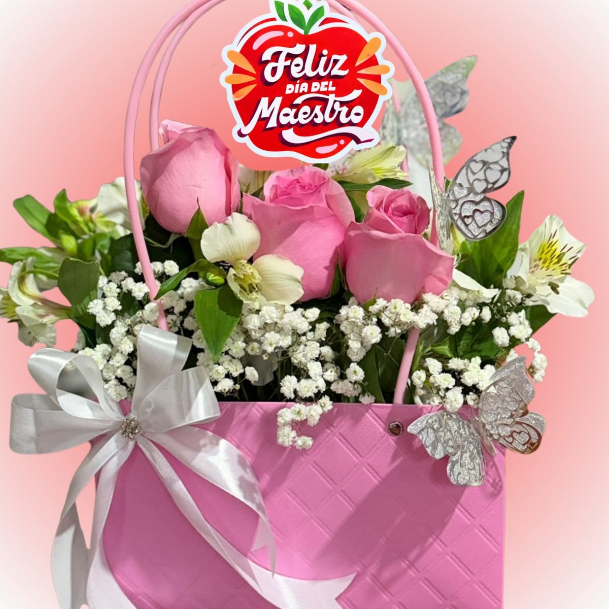 Cartera de 3 rosas con topper feliz dia del profesor - Imagen 1