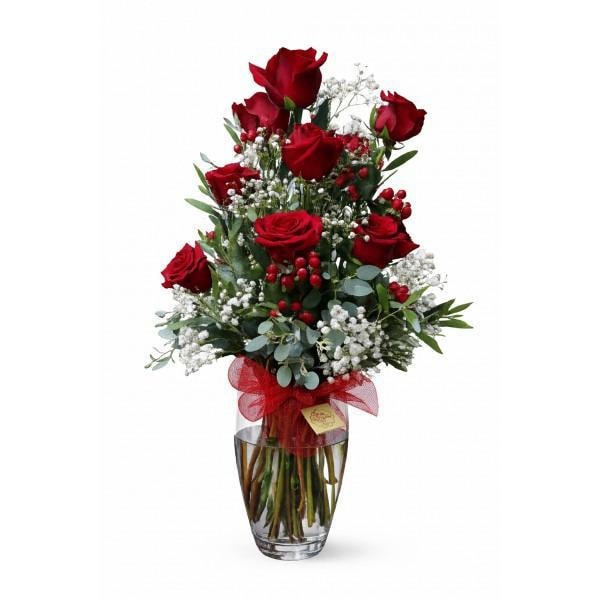 Arreglo 12 rosas rojas en florero - Imagen 1