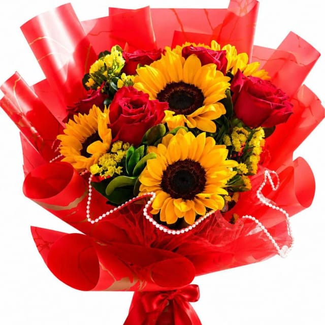 ramo de rosas y girasoles