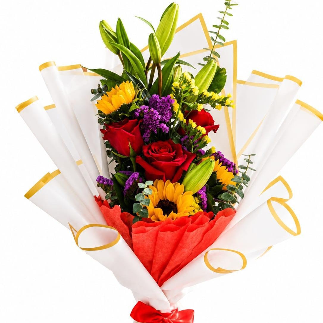 RAMO DE MANO DE ROSAS Y GIRASOLES - Imagen 1