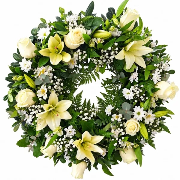 CORONA DE CONDOLENCIA Y RESPETO EN BLANCO INMACULADO