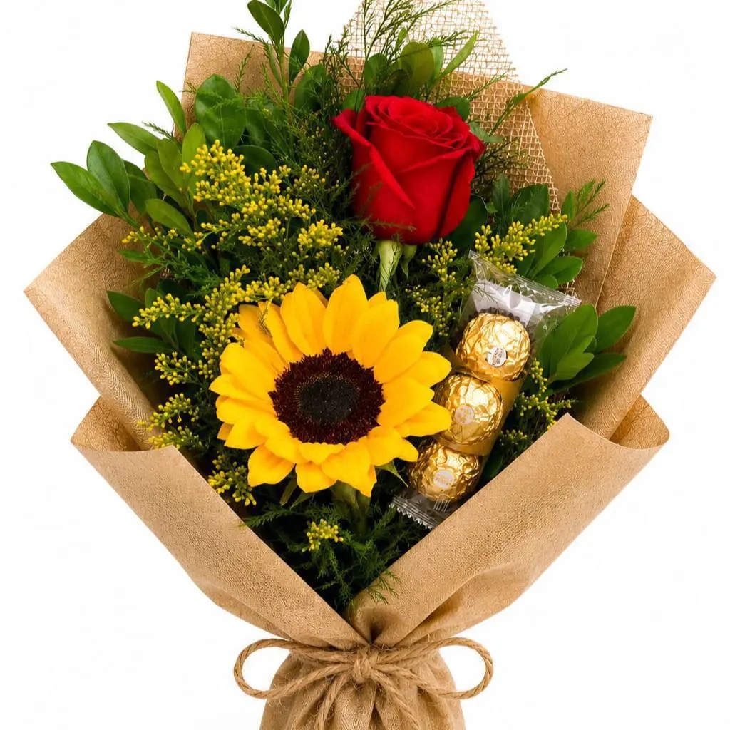 RAMO DE 1 GIRASOL Y 1 ROSA CON CHOCOLATE