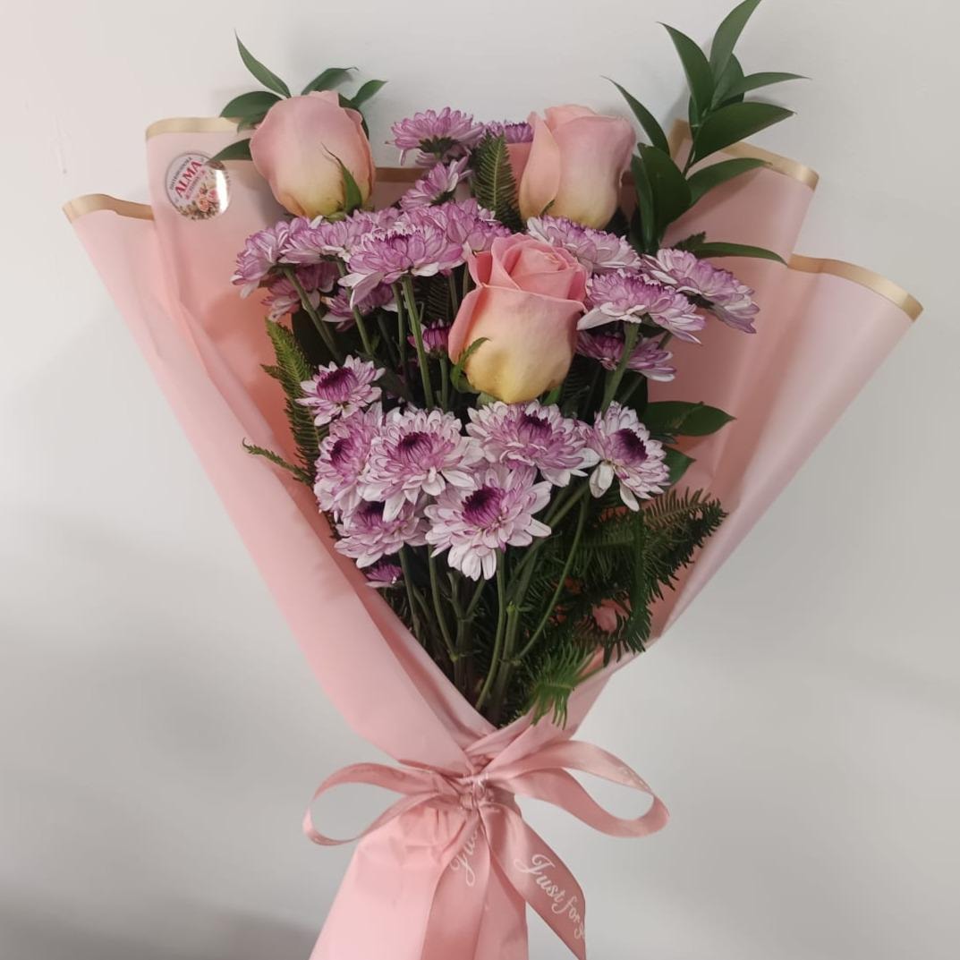 Ángel - Ramo de con 3 rosas rosadas y maules - Imagen 1