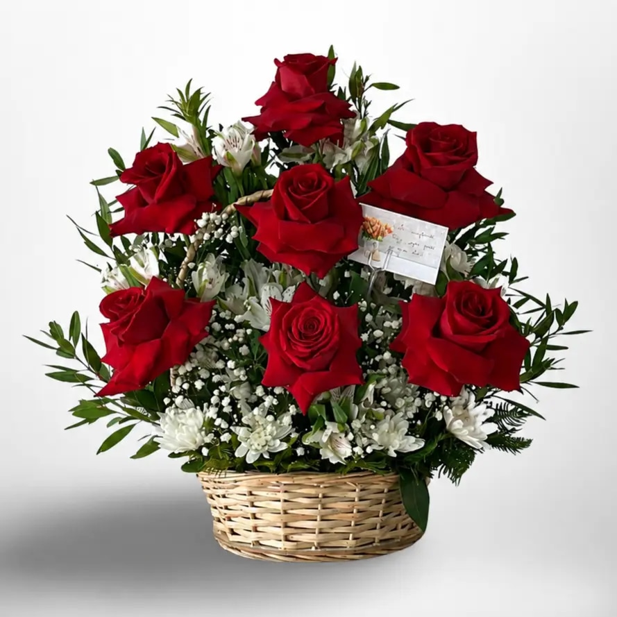 Romance Imperial — Canasto de 7 Rosas Rojas y Alstromerias