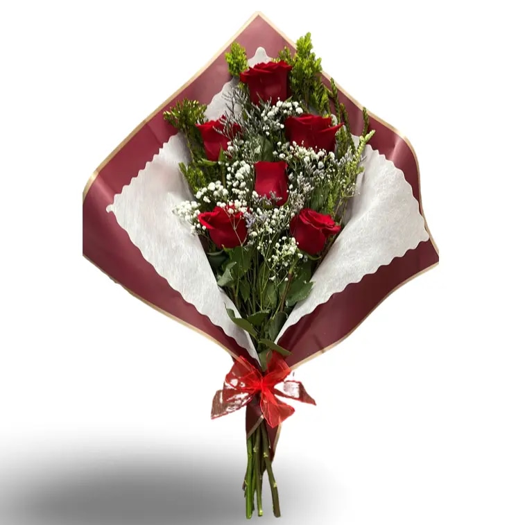 Promesa De Amor — Ramo de 6 Rosas Rojas y ramas verdes