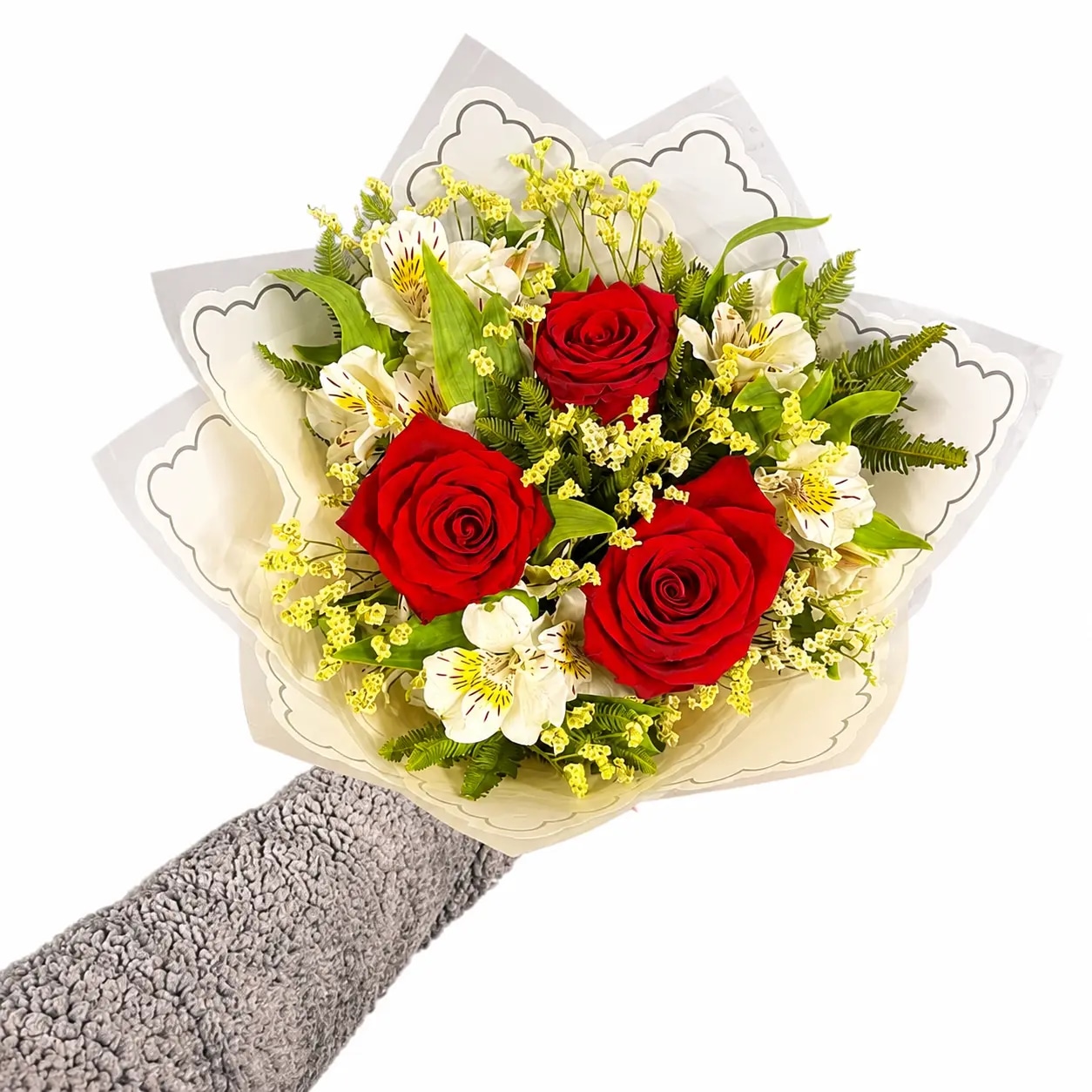 Tres Deseos — Ramo de 3 Rosas y Alstromerias