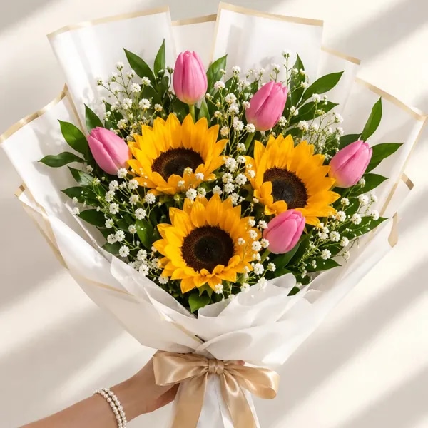 RAMO DE 5 TULIPANES Y 3 GIRASOLES