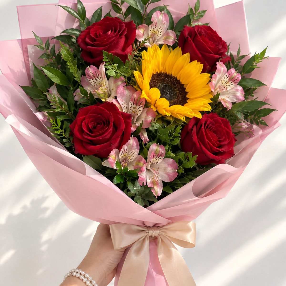 Imagen referencial generada con IA de Ramo de 4 rosas y 1 girasol