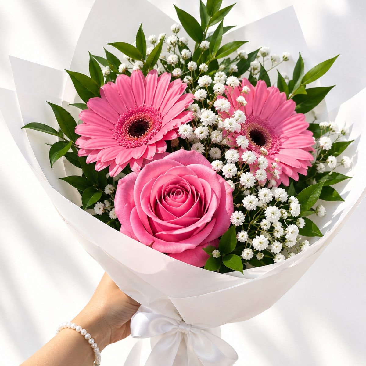Imagen referencial generada con IA de Ramo de 2 Gerbera + 1 rosa Rosadas & follaje verde