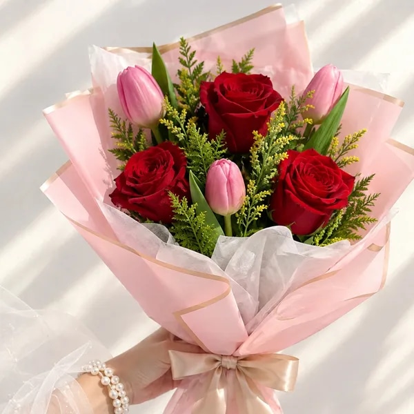 Ramo de 3 Rosas Rojas + 3 Tulipanes del Día