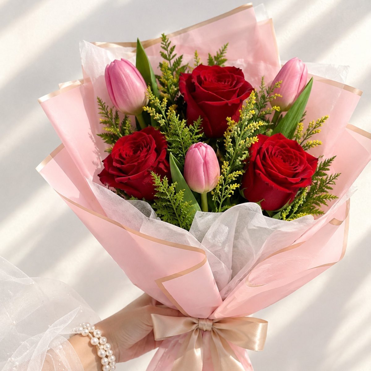 Imagen referencial generada con IA de Ramo de 3 Rosas Rojas + 3 Tulipanes del Día