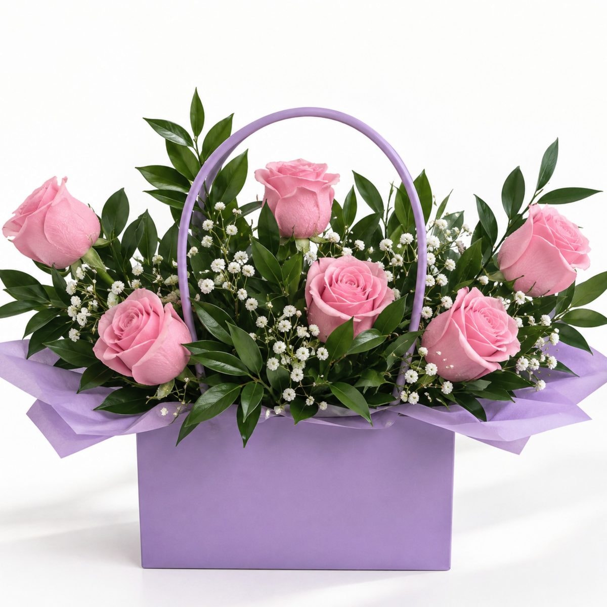 Imagen referencial generada con IA de Cartera Eco 6 rosas Mas follaje del Día