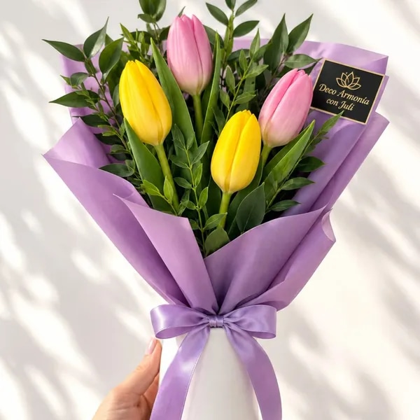 Florero de 4 tulipanes mas Follaje del Día