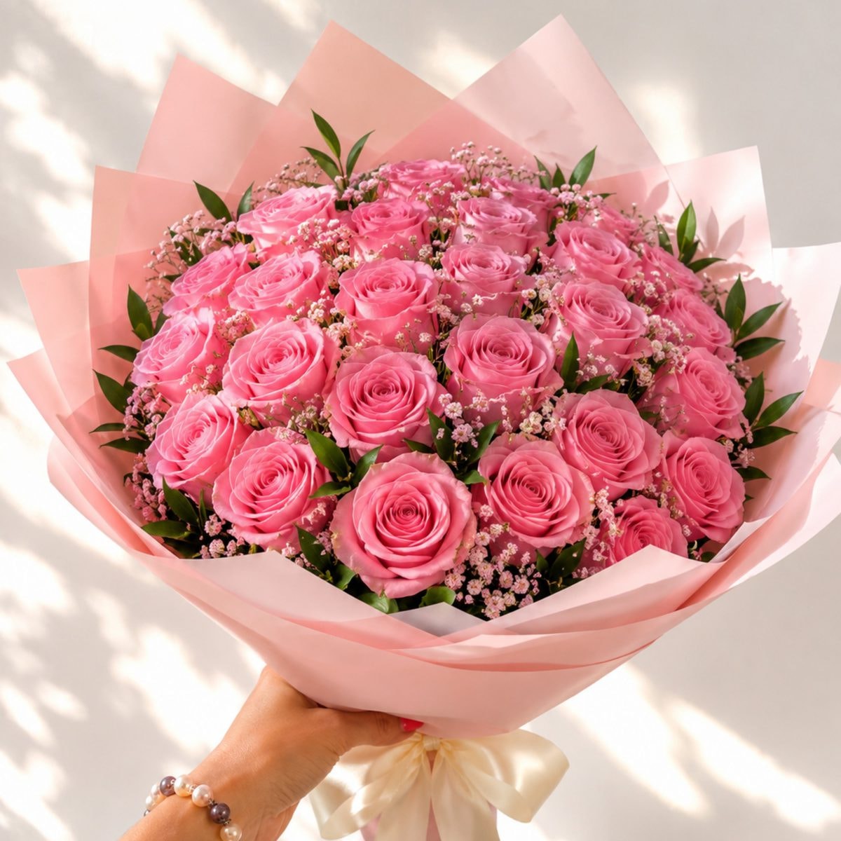 Imagen referencial generada con IA de Ramo de 24 Rosas Rosadas